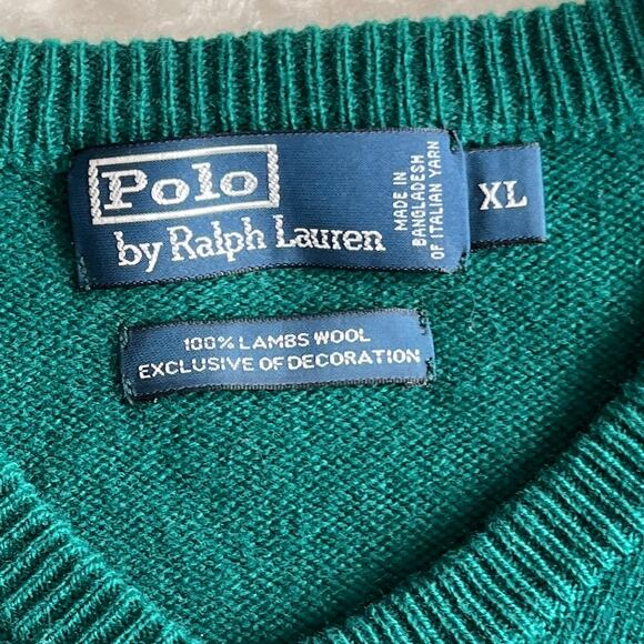 Polo Ralph Lauren | Green Lambswool V-Neck Oversized Sweater | Men's Size XL - Picture 6 of 10